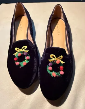 Talbots Indigo Blue Velvet Holiday Christmas Wreath Flats Size 9M thumbnail 1