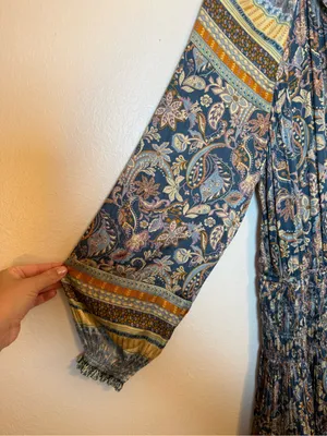 Current Air Bohemian Paisley Floral Printed Pleated Long Sleeve Mini Dress thumbnail 3