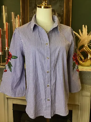 Iris Blue White Striped Rose Embroidered‎ Button Down Shirt IT9638 Womens Medium thumbnail 1