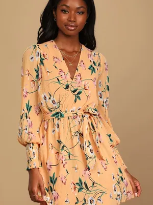 Lulu's For the Perfect Day Orange Floral Print Pleated Mini Dress Size‎ Medium thumbnail 1