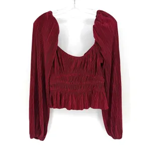 ASTR The Label Blouse Women M Wine Plisse Smocked Romantic Holiday thumbnail 2