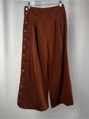 Anthropologie Linen Cotton Button-Trim Wide-Leg Culotte Pants Brown 00 Petite‎ thumbnail 4
