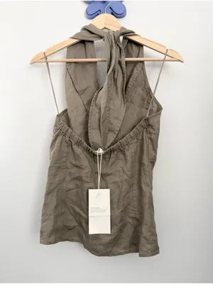 Zara Halter XS NEW Halter Tie Button Up Vest Khaki Office Work Open Back Linen Summer thumbnail 4