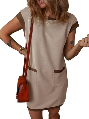 NWT Dokotoo Casual‎ Cream Shift Dress with Brown Trim size L thumbnail 1