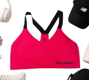 New Balance Seamless Racerback Sports Bra Pink Medium Yoga Gym Logo Flaw Top GUC thumbnail 1