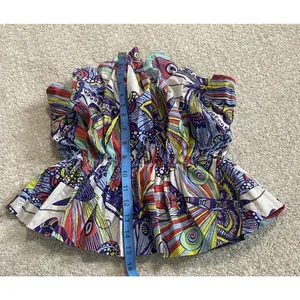 Anthropologie Strapless Smocked Ruffle Blouse Multicolor Cotton Abstract XS thumbnail 3