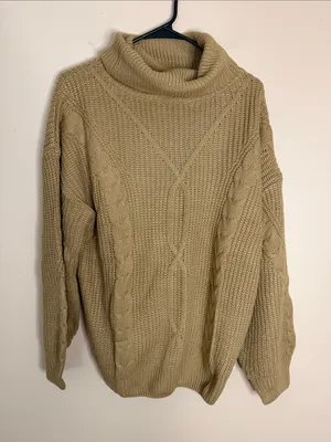 Cable Knit Turtleneck Sweater in Camel Tan Size L thumbnail 1