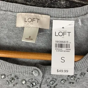 Ann Taylor Gray Rhinestone Collar Trim Button Down 3/4 Sleeve Cardigan Sweater S thumbnail 6
