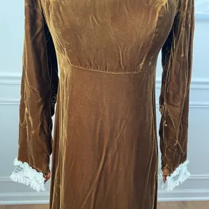 Vintage 70s Brown Velvet Maxi Dress Lace Collar Cuff XS thumbnail 4
