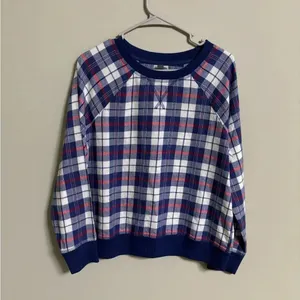 Aerie Flannel Cotton Blue and White Pullover Sweatshirt Size Medium Top thumbnail 1