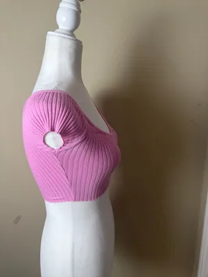 ZARA Pink Stretch Ribbed Crop Top Cap Sleeve V Neck Size Small thumbnail 4
