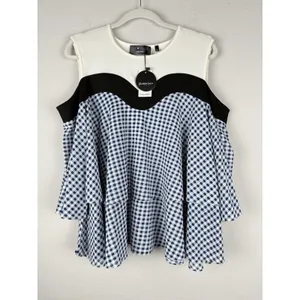 P. Luca Milano Women's Off The Shoulder Gingham Tiered‎ Ruffle Blouse Size L NEW thumbnail 3