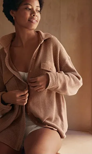 Aerie LumberJane Waffle Shirt Oversized Shacket in Beach Dune Size XXL thumbnail 1