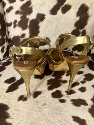 Miu Miu Metallic Gold Leather Cork Platform Heels thumbnail 6