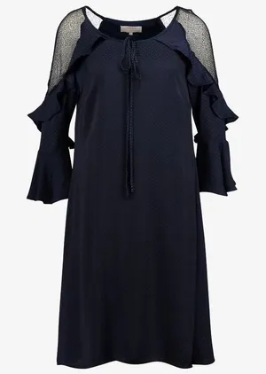 Evans Navy Blue Polka Dot Ruffle Lace Shoulder‎ Shift Dress Size 16 Bell Sleeve thumbnail 1
