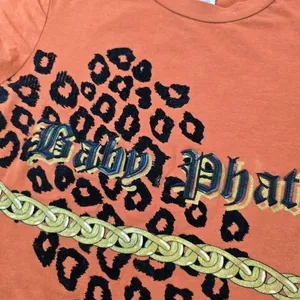 Baby phat 90s y2k Orange Graphic Tee Shirt With Leopard Print & Chain Detail L thumbnail 3