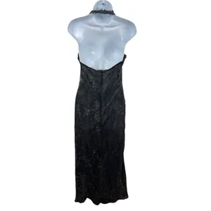 VTG 90s Niki Livas Black Silver Shimmer Halter Beaded Formal Evening Dress 6 Y2K thumbnail 5