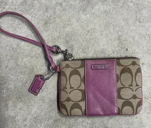 Coach Signature Logo Leather Zip Wristlet Tan & Purple thumbnail 1