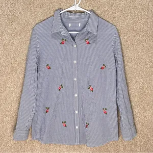 Granny‎ core button down top embroidered flowers collar blue white cotton blend thumbnail 1