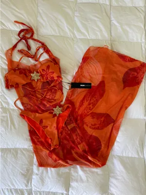 Orange Floral 3 Piece Bikini Set & Cover Up Cowl Neck Dress Sunsuit thumbnail 5
