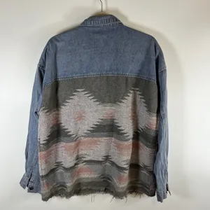Womens XL‎ Southwestern Aztec Woven Denim Jacket Mixed Media Frayed Hem Blue thumbnail 8
