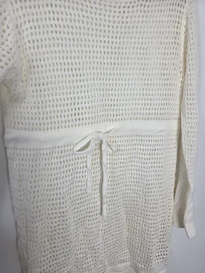 Ivory Cream Loose Knit Swim Cover Up Long Sleeve Sheer Cottagecore Beach Boho L thumbnail 10