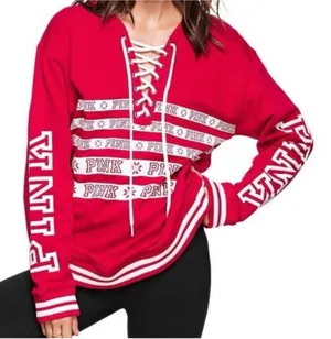 PINK by Victoria’s Secret Red Lace Up Sweatshirt Top Snowflakes Ski Winter Large thumbnail 1