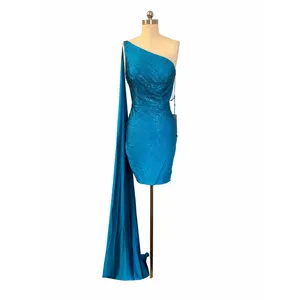 Sherri Hill 54858 Peacock One Shoulder Rhinestone Jersey Mini Dress Cape Sz 8 thumbnail 4