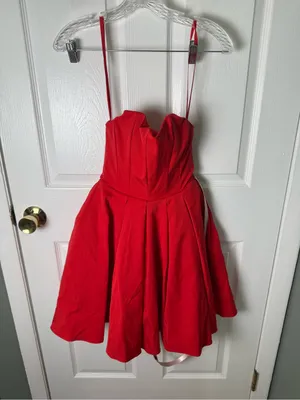 House of CB Emmanuela Italian Tomato Strapless Pleated Mini Dress XS TALL thumbnail 3