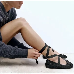 ZARA 37 / 6.5 women's black ballet flat slipper lace ankle tie shoe tweed ribbon thumbnail 1