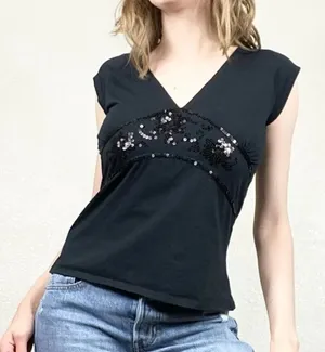 Vintage y2k Black Sequin V Neck Blouse Shirt Black Size M thumbnail 1