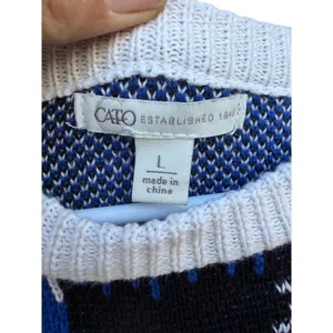 Cato Blue White Checkered Frayed Scoop Neck Sweater Size Large thumbnail 3
