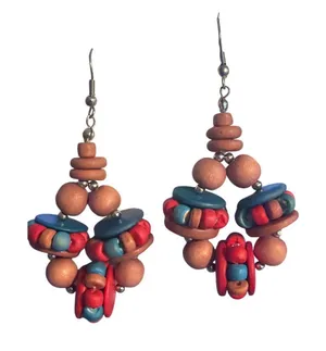 Vintage Southwestern Dangle Earrings Terra Cotta Red Blue Beads Hooks 3" Estate thumbnail 1