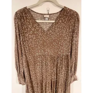 Woman’s Boho Cottagecore Brown Animal Print Long Sleeve Tiered Midi Dress XS thumbnail 4