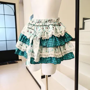 Plaid Print Tiered Ruffle Mini Skirt Lace Trim Bow thumbnail 3