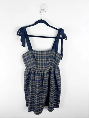 CIDER Brown Tartan Plaid Tie Shoulder Straps Back Zipper Closure Dress Medium thumbnail 1