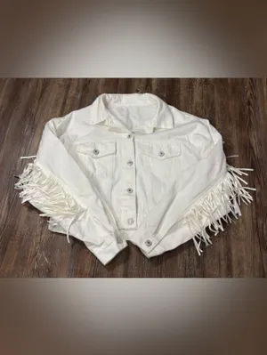White Fringe Medium Buttondown Jean Jacket Festival Western Cowboy Country thumbnail 5