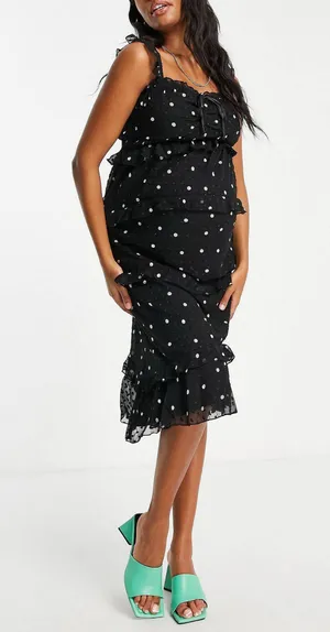 ASOS Design Maternity Black Tiered Midi Dress w/ Ruffle Detail & Ruched Bodice thumbnail 1