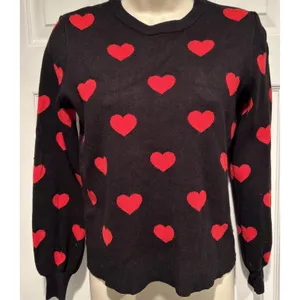 Marled Women's Black & Red Heart Crew Neck Sweater XS Pullover Heart Print thumbnail 2