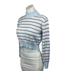 PacSun L.A. Hearts Blue Striped Long Sleeve Mock Neck Crop Sweater Top Size S thumbnail 2