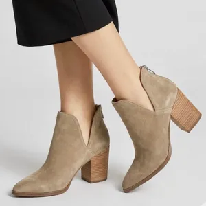Marc Fisher Cedar Tan‎ Suede V-Cut Ankle Boots Pointed Toe Block Heel 9.5M thumbnail 1