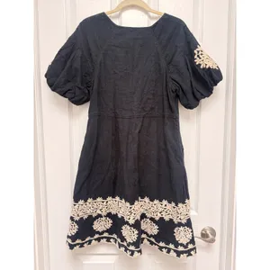 Anthropologie‎ Orla Mini Dress Embroidered Puff Sleeve V-Neck Navy Blue Cream 12 thumbnail 3