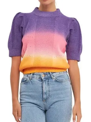 English factory puff sleeve ombré knit sweater in purple orange pink size small thumbnail 1