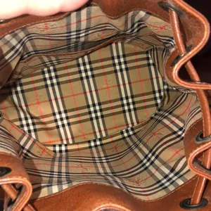 BURBERRYS Brown Leather Drawstring Bucket Bag Nova Check Lining VINTAGE thumbnail 3