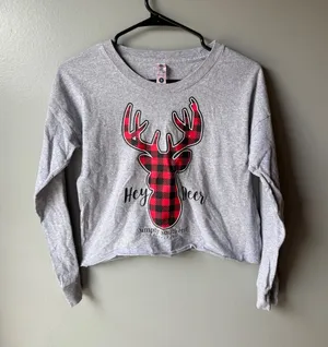 Simply Southern Hey Deer Buffalo Plaid Crop Top Long Sleeve Gray thumbnail 1