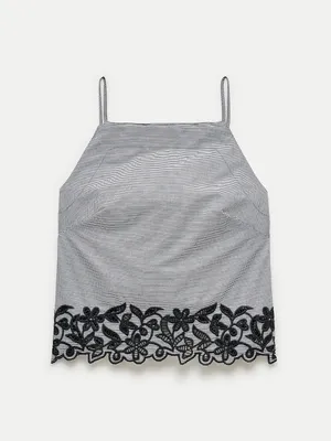 J.Crew Black & White Micro Gingham Floral Embroidered 100% Cotton Poplin Top 00 thumbnail 9