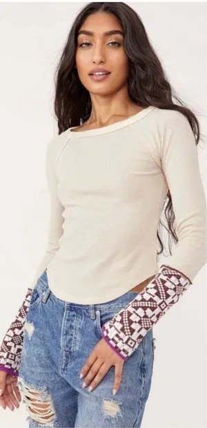 Free People She's Reversible Cuff Thermal Tee Oatmeal Size Small Bohemian thumbnail 1