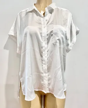 Entro White Satin Blouse Sz M Button Front Shirt Short Sleeves thumbnail 1
