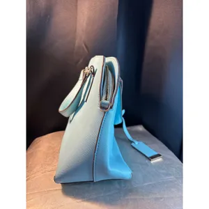 Blue Saffiano Dome Satchel Bag with Gold Heart Detail and Striped Lining thumbnail 2