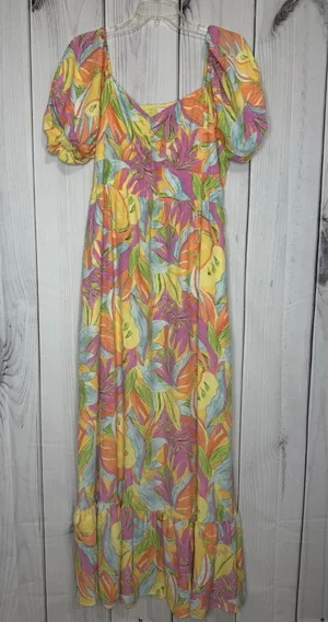 Skies Are Blue Floral Maxi Dress Size L Ruffle Puff Sleeve Smocked Back Lined thumbnail 1